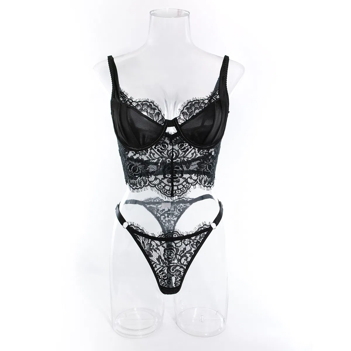 Wholesale Eyelash Lace Embroidery Flower Fish-Bone Underwear Set Sexy See-Through Lingerie