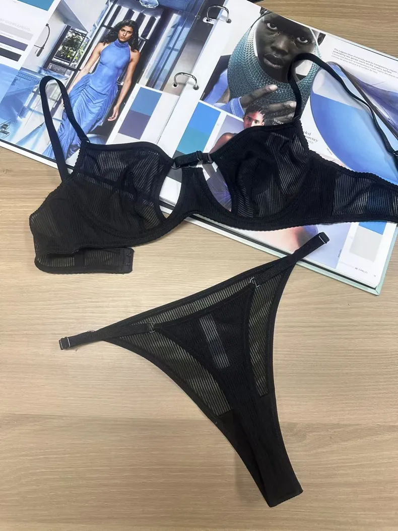 2025 Wholesale See-Through Lace-up Romantic Anti-Sagging Breathable Women Soft Bra Ultra-Thin Set Sexy Underwear Lingerie