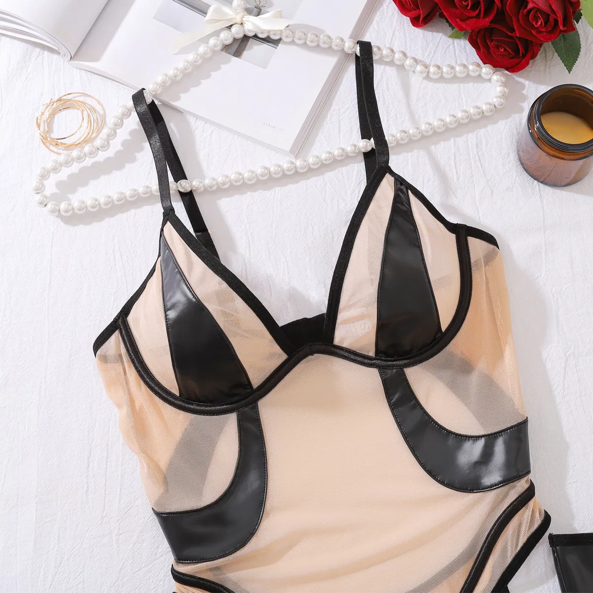 Sexy PU Leather Splicing Ultral-Thin One Piece Lingerie Set New Erotic See Through Bodysuit