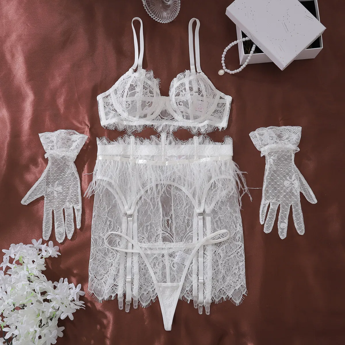 Wholesale See-Through Mesh Women Underwear Set Sexy Feather Embroidery Lace Lingerie
