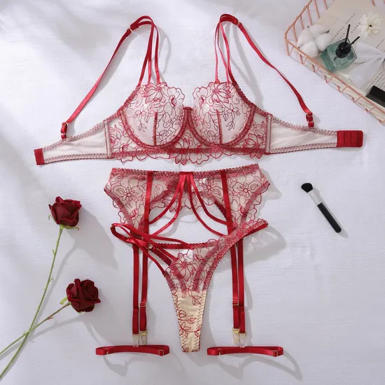 Sexy See-Through Mesh Women Bra Set Hot Selling V-Neck Embroidered Lace Lingerie