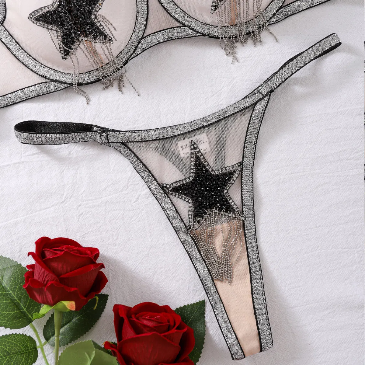Sexy Tassel Rhinestone Decoration Underwear Set Wholesale See-Through Patchwork Lingerie