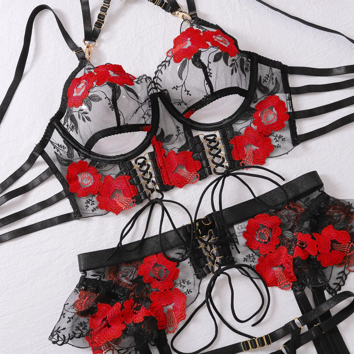 Wholesale Floral Embroidered Underwear Set Sexy Elegant Transparent Mesh Lingerie