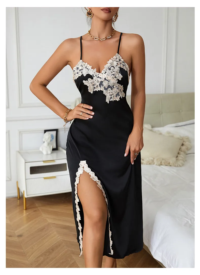 Sexy V-Neck Lace Long Dress Suspender Nightwear for Woman Hot Selling Satin Woman Sleepwear