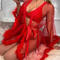 Wholesale See-Through Mesh Long Leeve Sleepwear with Fur Sexy Solid Color Woman Robe