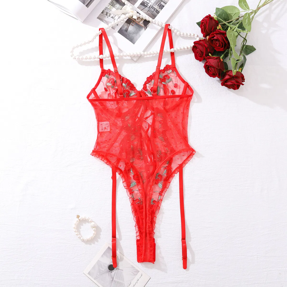 Sexy Deep V Women's Lingerie Set New Arrival Suspender Embroidery Bodysuit