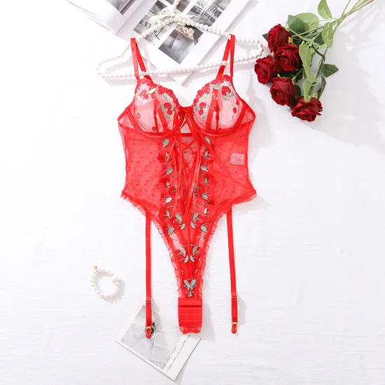 Sexy Deep V Women's Lingerie Set New Arrival Suspender Embroidery Bodysuit
