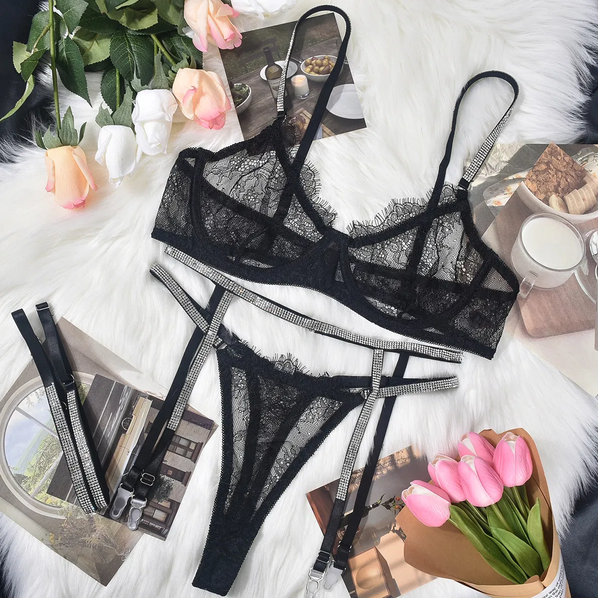 Wholesale Luxury Diamond Shiny Underwear Set for Woman Sexy See-Through Lingerie