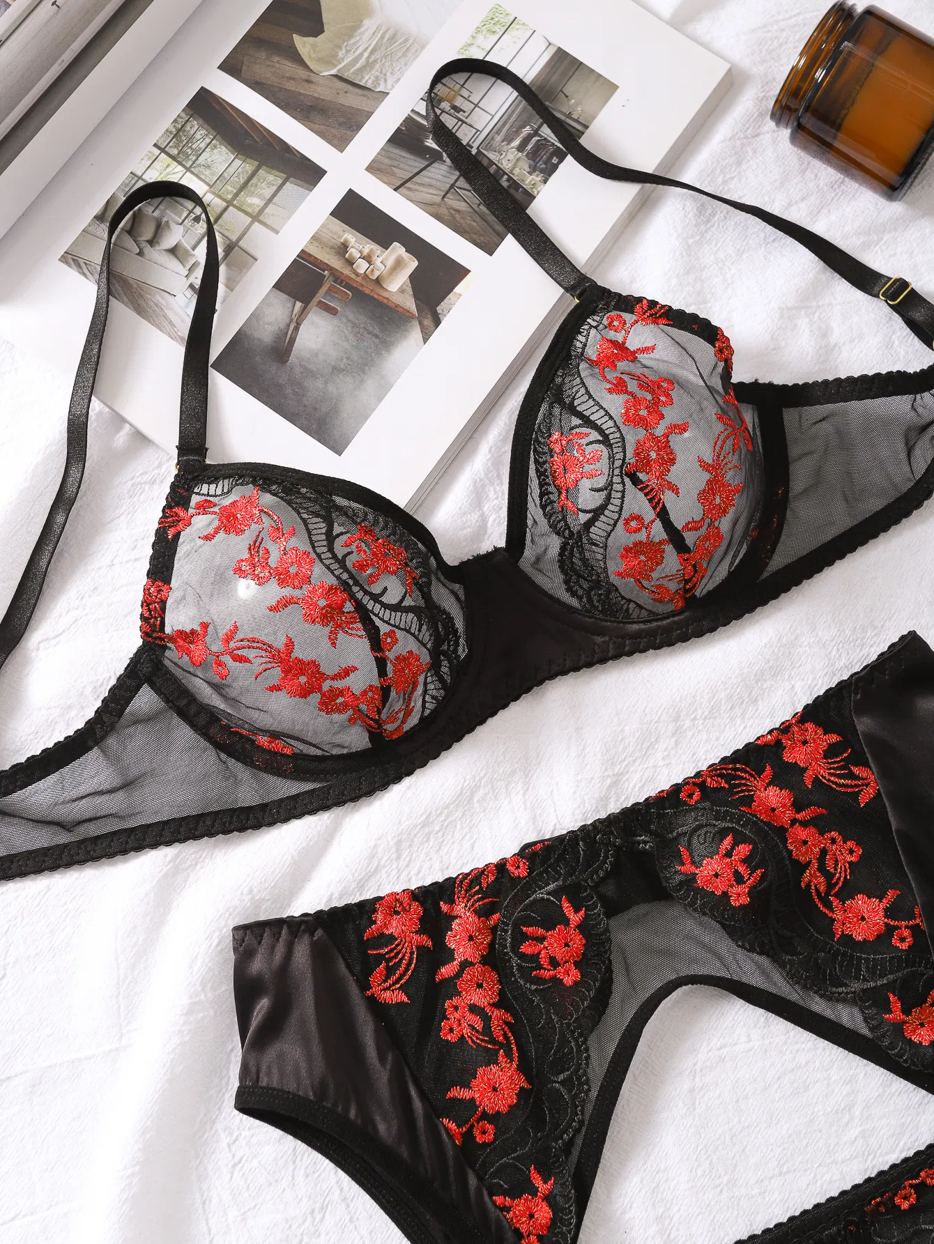 Wholesale Floral Embroidery Lace Underwear Set Dor Woman Sexy Erotic See-Through Mesh Lingerie