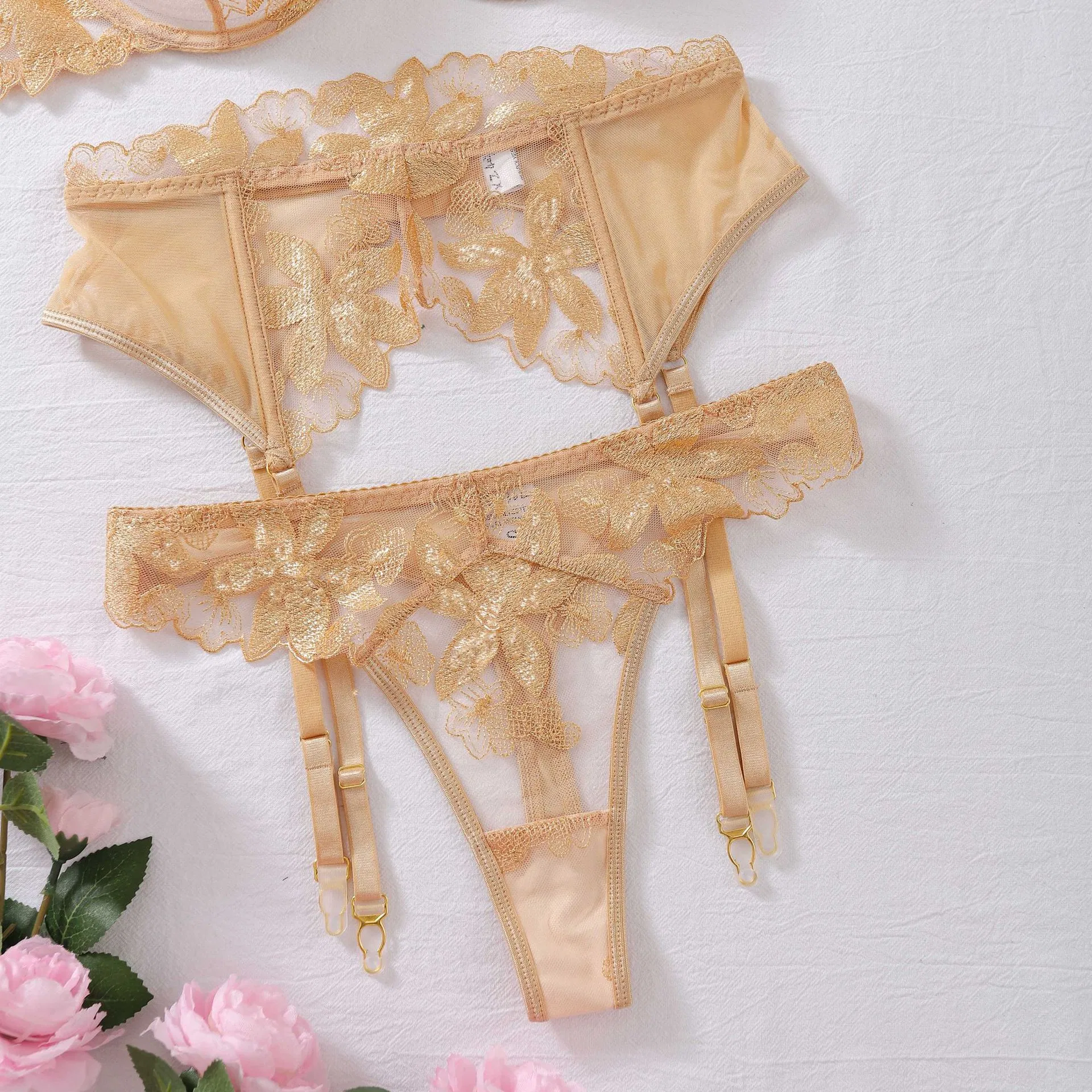 New Style Gold Flower Embroidery Bra Set Sexy See-Through Woman Lingerie