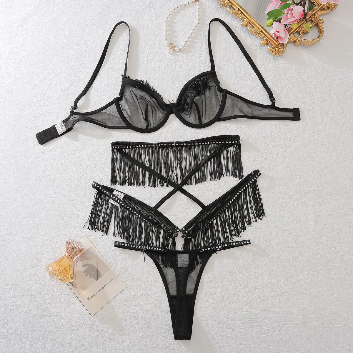 New Arrival Exotic Black Tassel Woman Bra Panty Set Sexy Perspective Mesh Lingerie