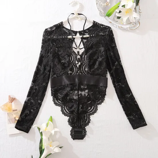 New Arrival Halter Neck Long Sleeve Lingerie Set Sexy See-Through Woman Bodysuit