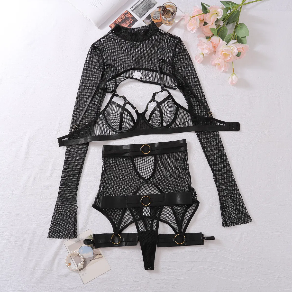 Sexy High Quality Perspective Mesh Underwear Set Wholesale Solid Color Women Lingerie