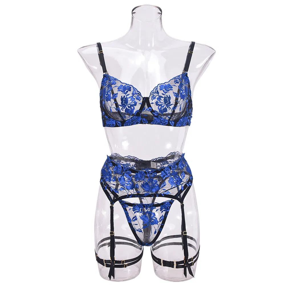 Wholesale Flower Embroidery Lace Woman Underwear Set Sexy Transparent Ultral-Thin Lingerie