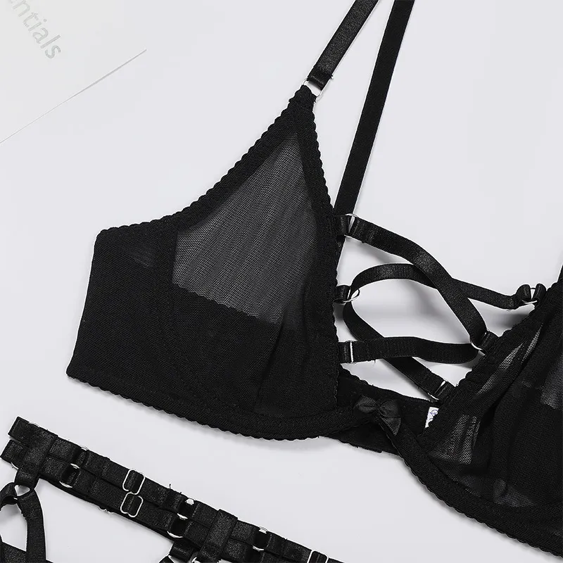 Wholesale Cross-Hollowed Underwear Set for Woman Sexy Transparent Mesh Lingerie