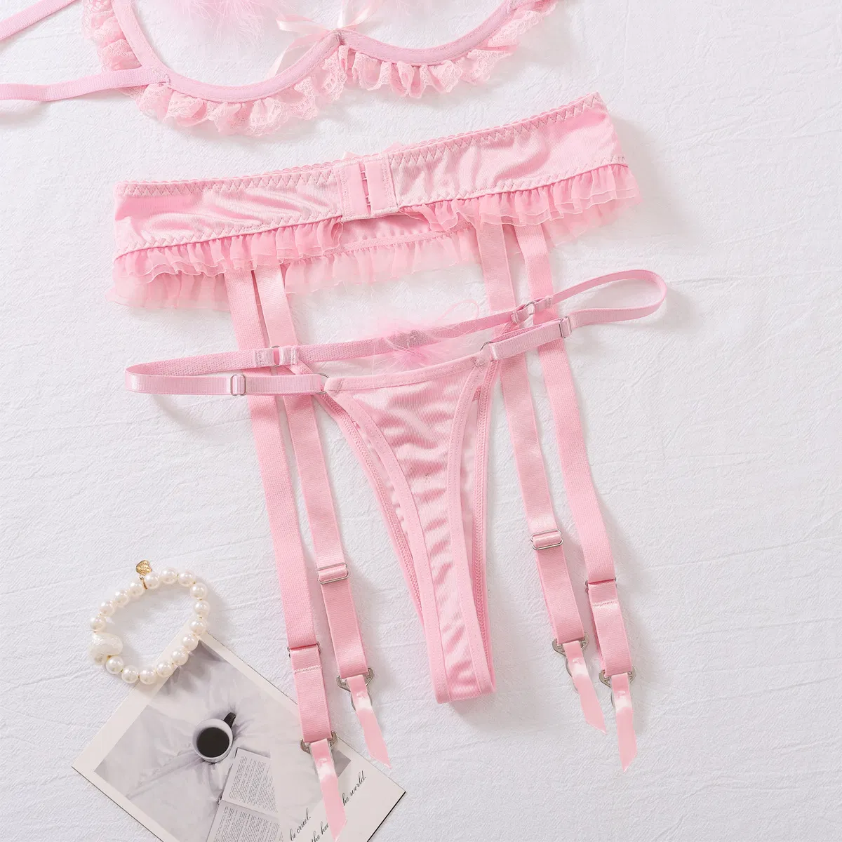 New Arrival See-Through Mesh Ruffle Bra Panty Set Wholesale Sexy Hollow out Lingerie