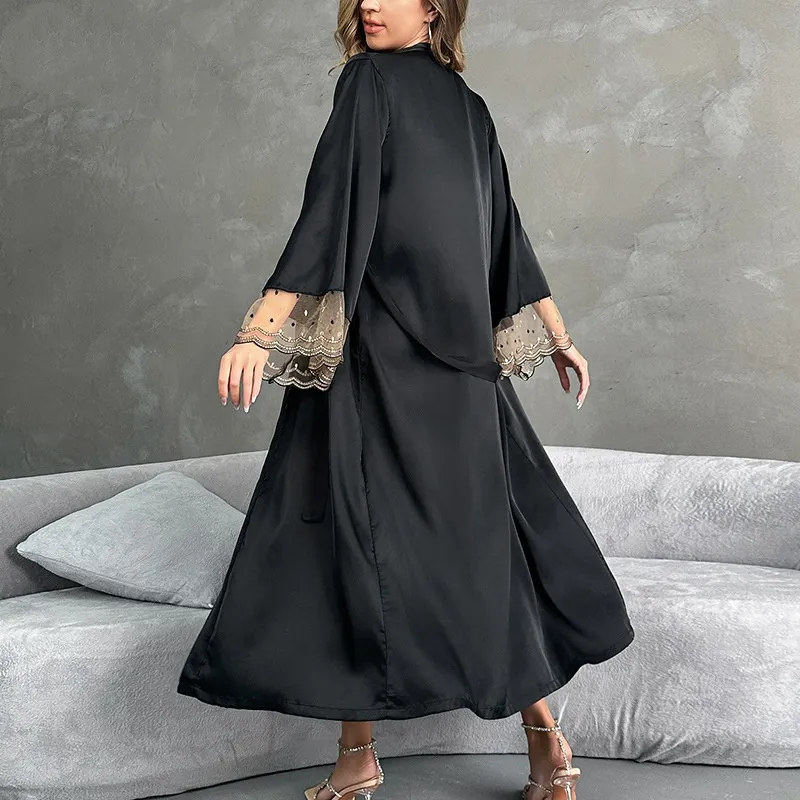 Sexy Satin Transparent Lace Woman Sleepwear Wholesale Long Sleeved Nightwear
