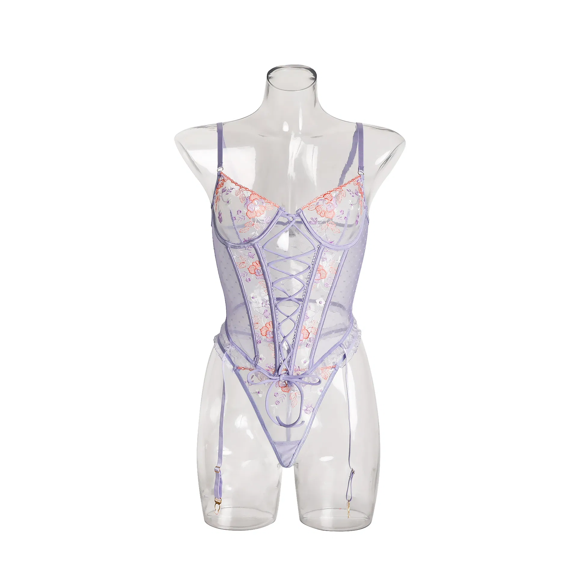 Sexy Transparent Embrodiary Underwear Set for Woman Wholesale Fishbone Front Straps Lingerie