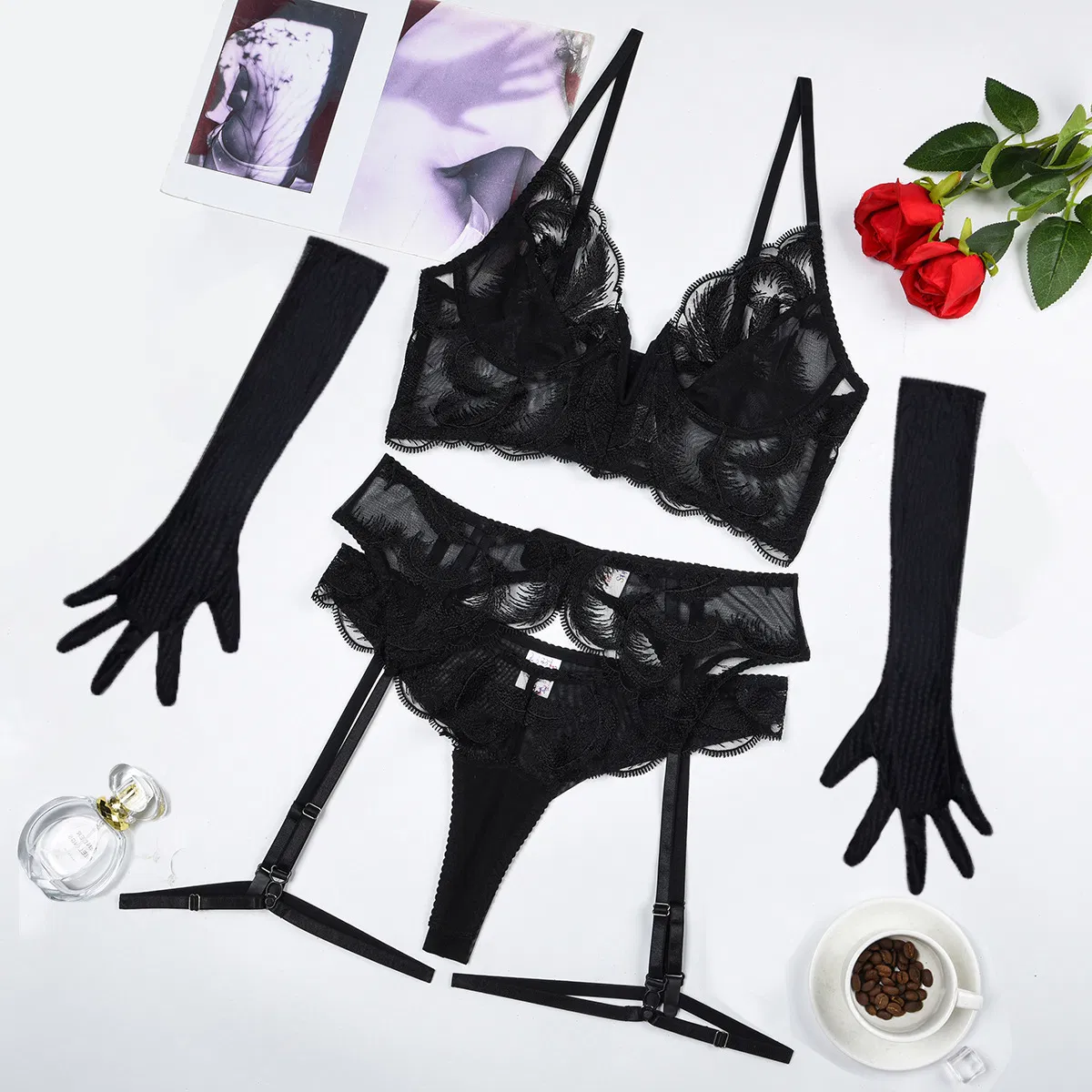 Wholesale Luxury Underwear Set for Woman with Gloves Sexy Perspective Embroidery Lingerie