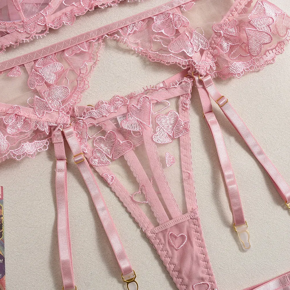 Wholesale Pink Heart Lace Embroidery Underwear Set for Woman Sexy See-Through Lingerie
