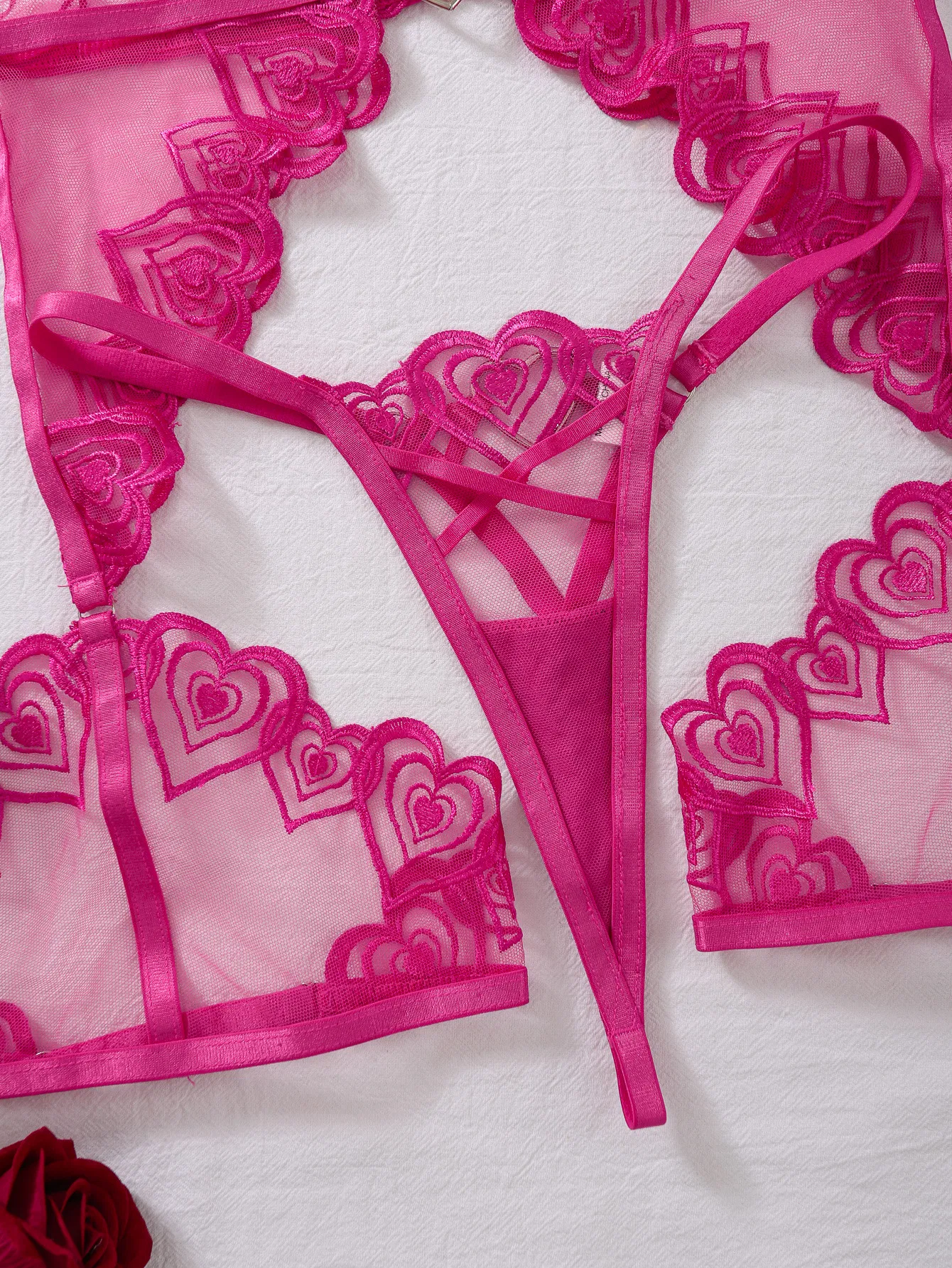 Wholesale Sheer Mesh Heart Embroidery Underwear Set Sexy Valentine's Women Lingerie