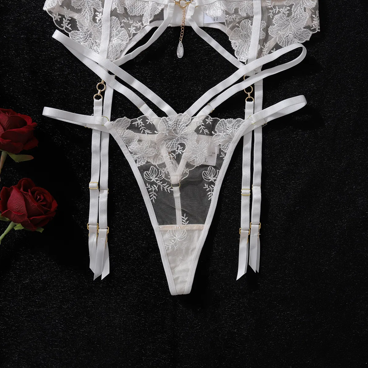 Wholesale Floral Embroidery Sheer Mesh Underwear Set Sexy Solid Color Women's Lingerie