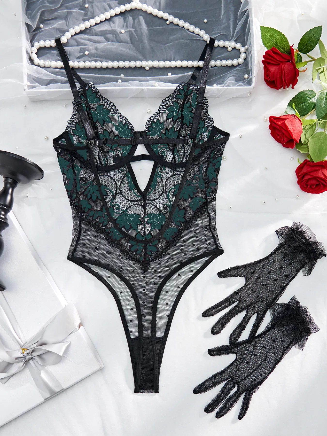 Sexy Floral Embroidery Women's Lingerie Set Hot Luxury Polka DOT Mesh Bodysuit