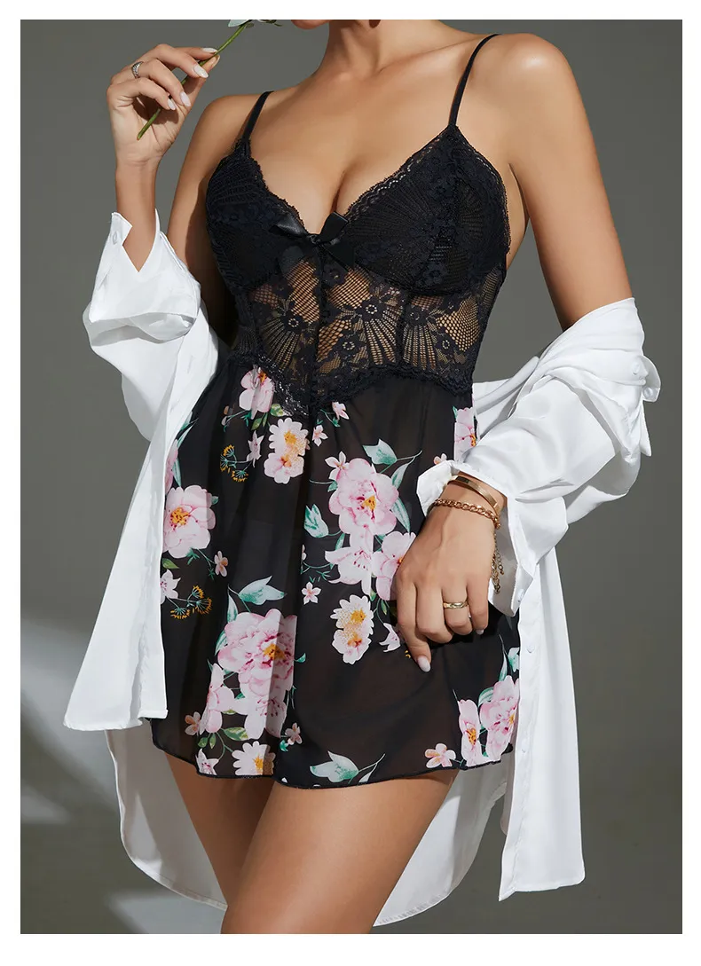 Sexy V-Neck Woman Sleepwear Dress Wholesale Flower Print Ultral-Thin Woman Nightwear
