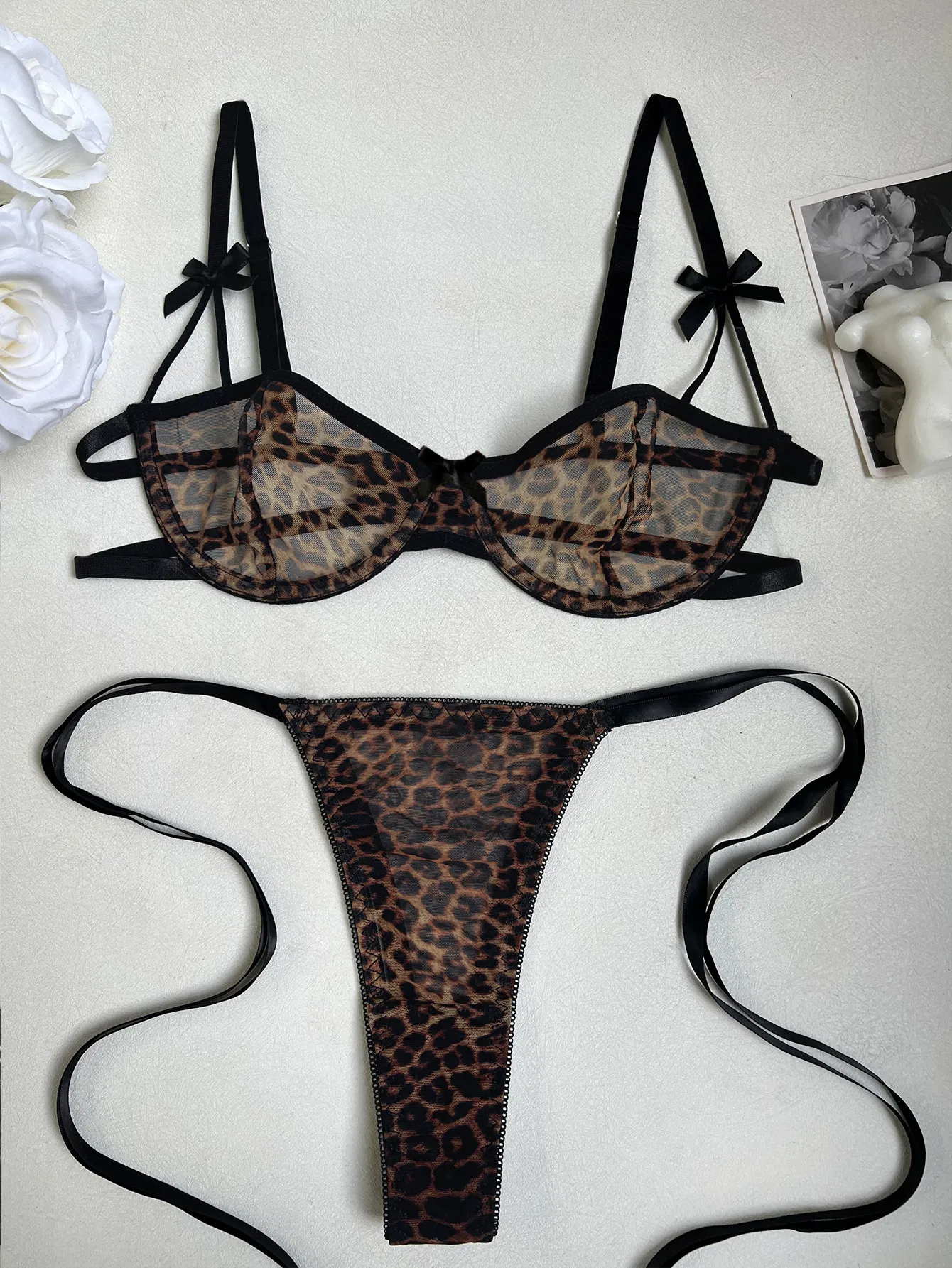 Wholesale Leopard Print Bow Ultra Thin Mesh Bra Set Sexy See-Through Woman Lingerie
