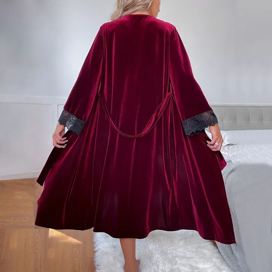 New V-Neck Long Velvet Nightwear Dress Sexy Solid Color with Lace Woman Sleepwear
