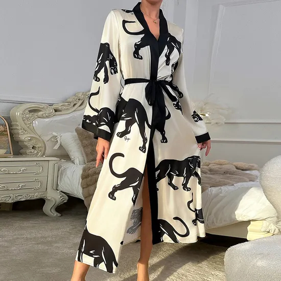 New Arrival Satin Printed Leopard V-Neck Sleepwear Sexy Long Sleeve Woman Robe