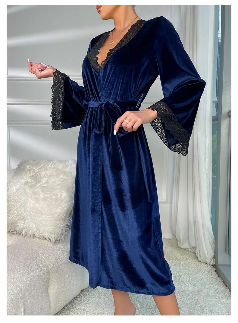 New V-Neck Long Velvet Nightwear Dress Sexy Solid Color with Lace Woman Sleepwear