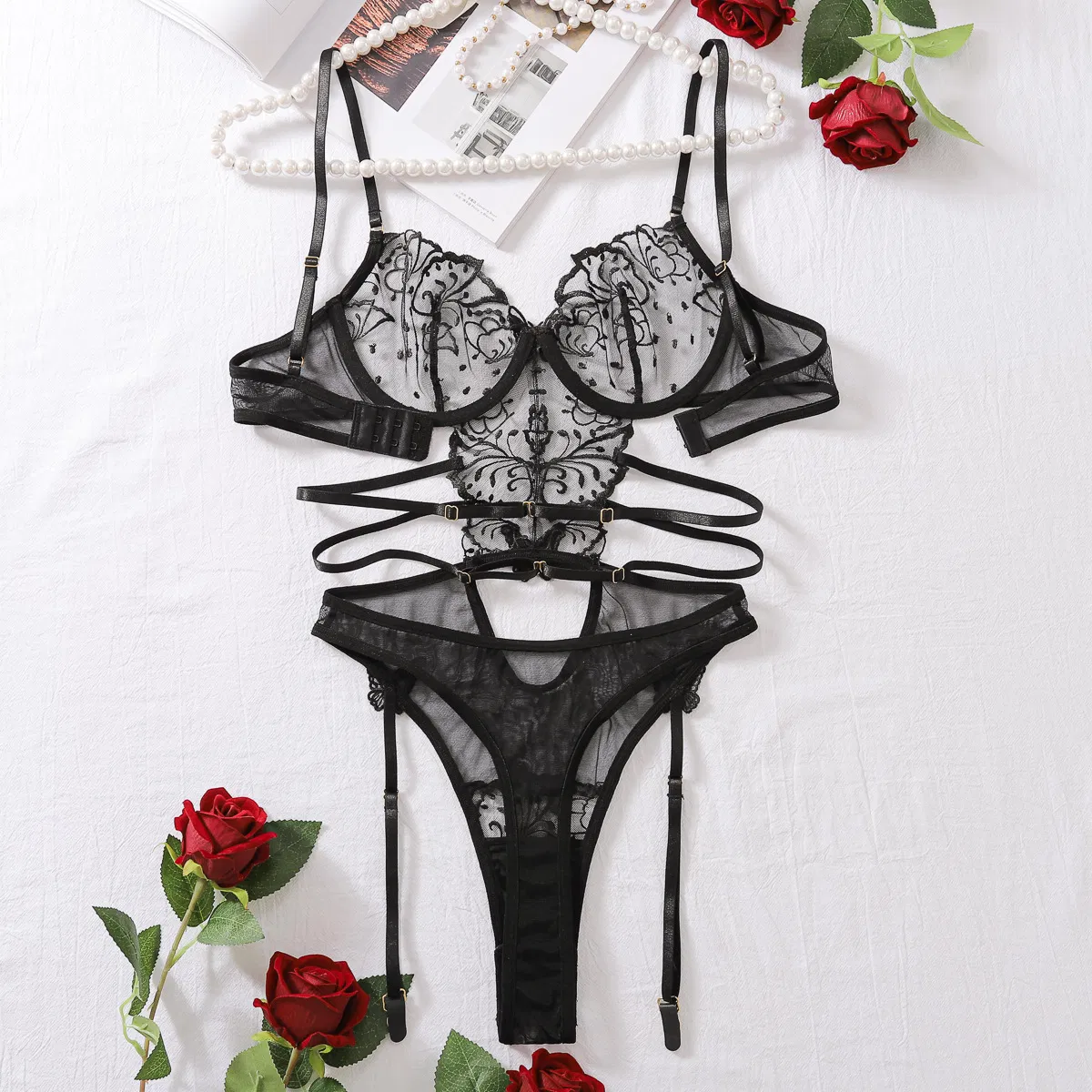 Sexy Embroidery Hollow out One-Piece Lingerie Set Wholesale Perspective Woman Bodysuit