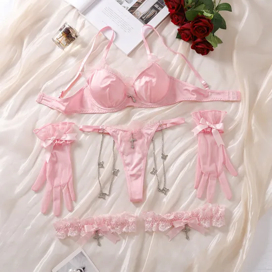 Wholesale See-Through Underwear Set with Gloves Sexy Bow Tie Woman Lingerie