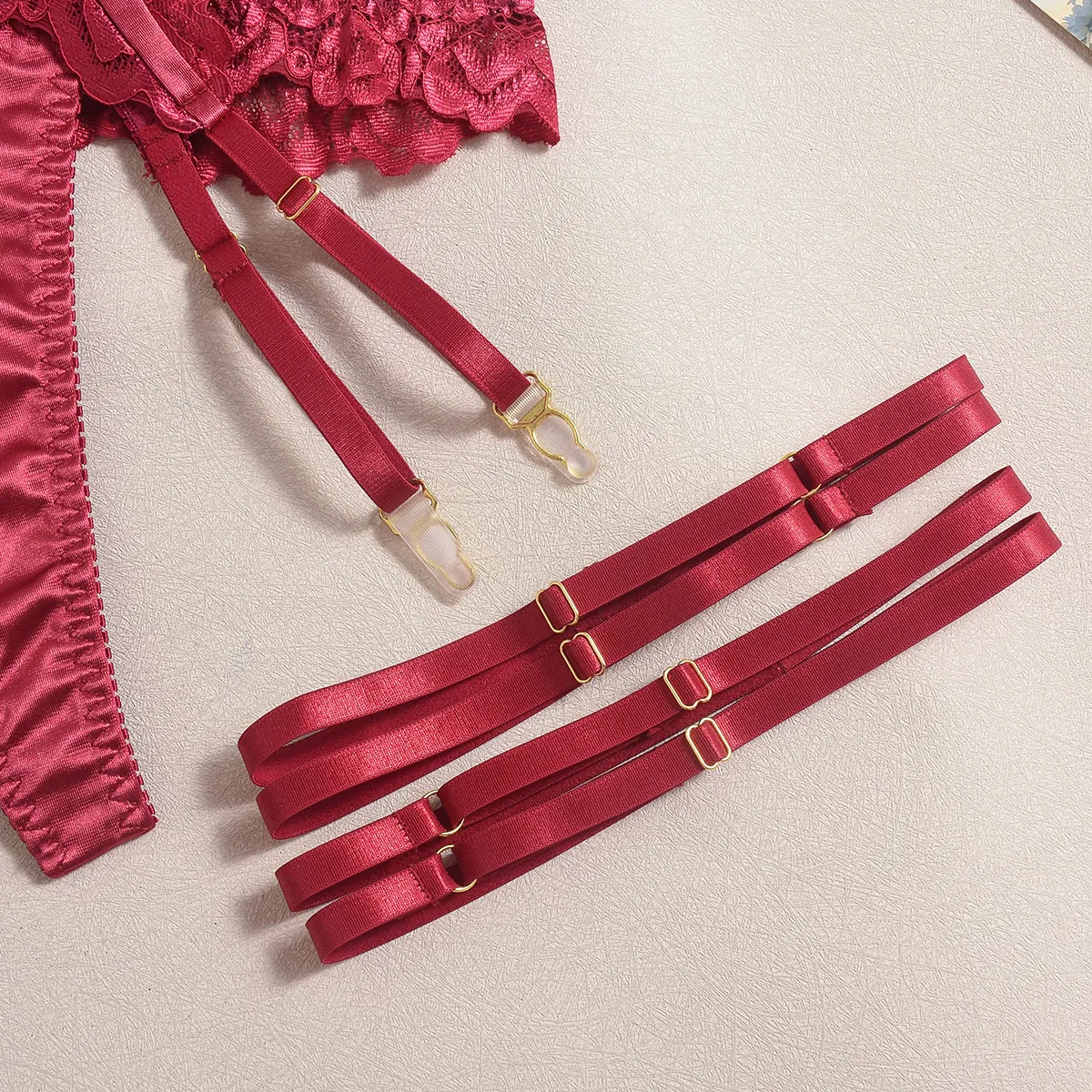 Wholesale Satin See-Through Underwear Set for Woman Sexy Embroidered Lace Lingerie
