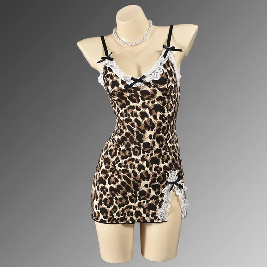 Sexy Lace Patchwork Leopard Print Bra and Panty Set Hot Sell Leopard Print Bow Lingerie
