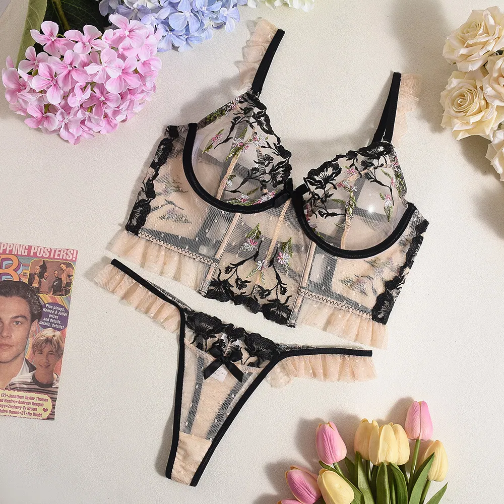 Wholesale Erotic Ruffle See-Through Mesh Underwear Set Sexy Fishbone 2 Piece Lingerie