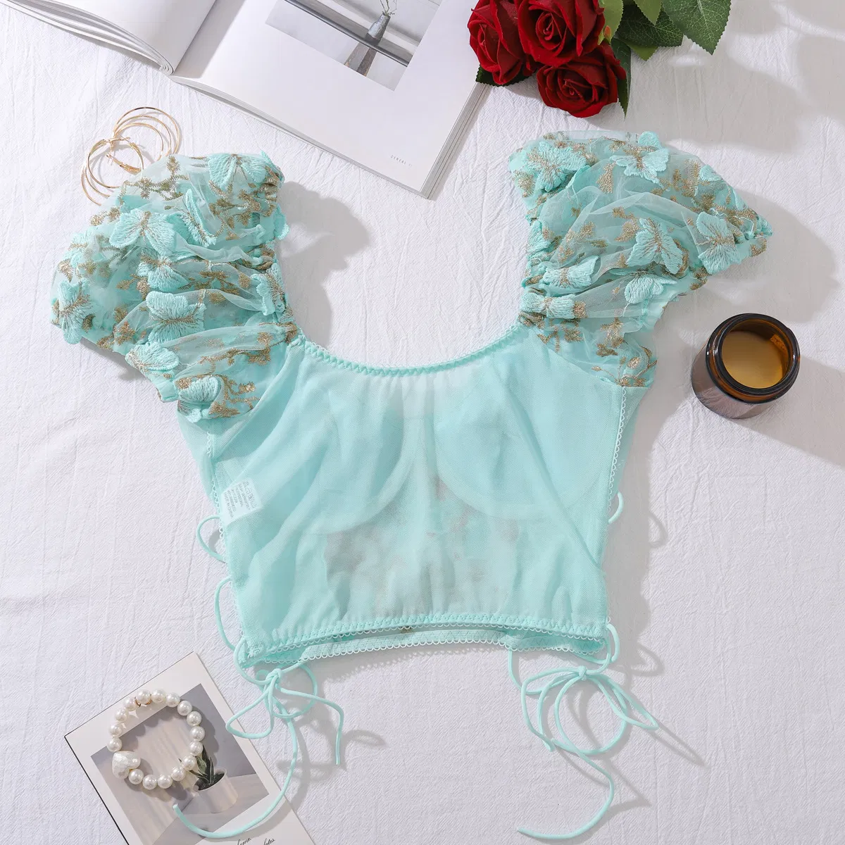 Sexy Perspective Floral Embroidery Bra Panty Sets Wholesale Bubble Sleeve Top Lingerie
