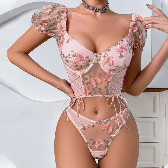 Sexy Perspective Floral Embroidery Bra Panty Sets Wholesale Bubble Sleeve Top Lingerie