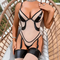 Sexy PU Leather Splicing Ultral-Thin One Piece Lingerie Set New Erotic See Through Bodysuit