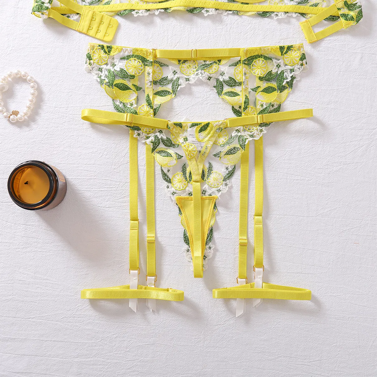 Sexy Lemon Embroidery Woman Bra Panty Set Wholesale Mesh Transparent Lingerie