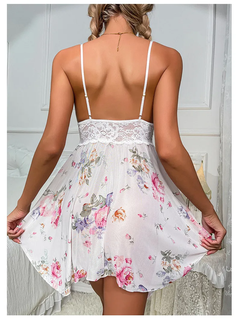 New Arrival V-Neck Transparent Mesh Sleepwear Dress Sexy Patchwork Lace Suspender Nightwear