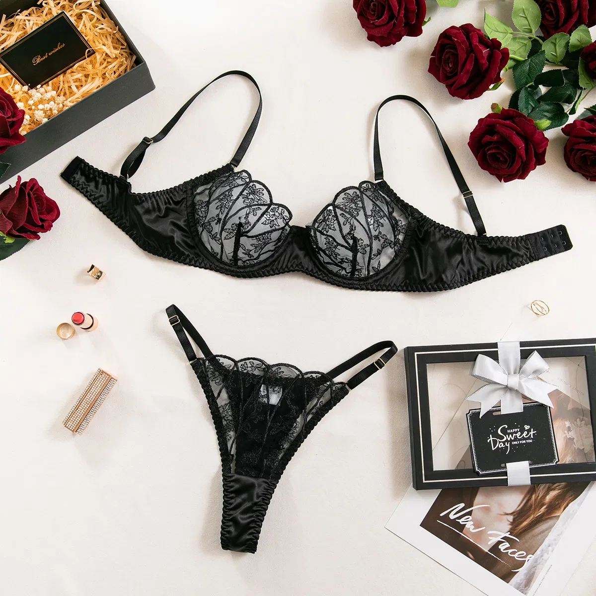 Wholesale Big Size Transparent Mesh Bra Brief Set Sexy Embroidered Sheer Woman Lingerie