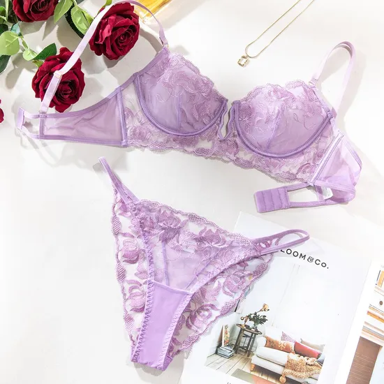 Woman See-Through Deep V Bra and Panty Set Sexy Erotic Embroidery Lingerie