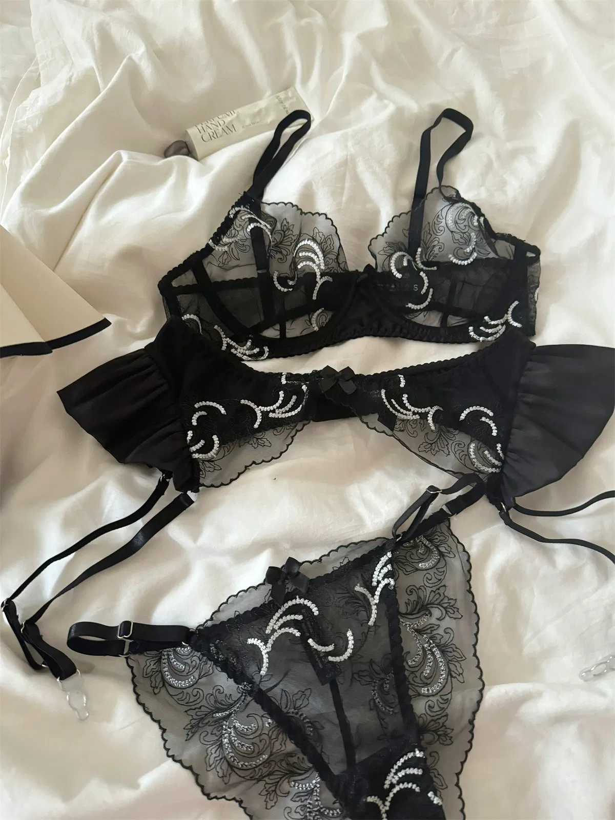 Sexy Embroidery Lace Erotic Bra Set See-Through Garter Belt Women Desire Lingerie