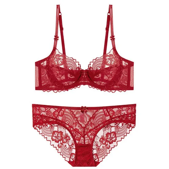 Wholesale Sexy Ultra-Thin Transparent Bra Lingerie Erotic Flowers Lace Women Underwear Set