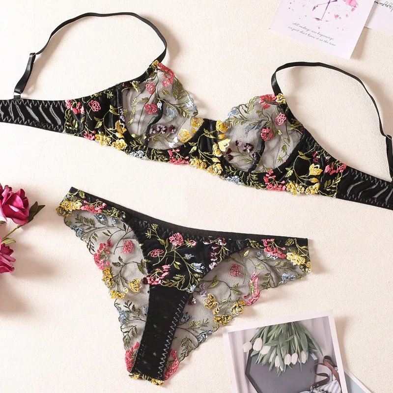 Sexy Transparent Mesh Embroidery Underwear and Panty Set Hot Temptation Woman Lingerie