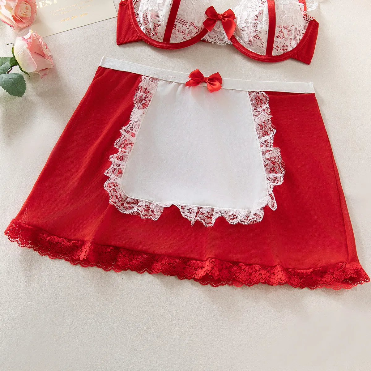 Sexy Perspective Mesh Halter Neck Underwear Set New Arrival Erotic Bow Maid Woman's Lingerie