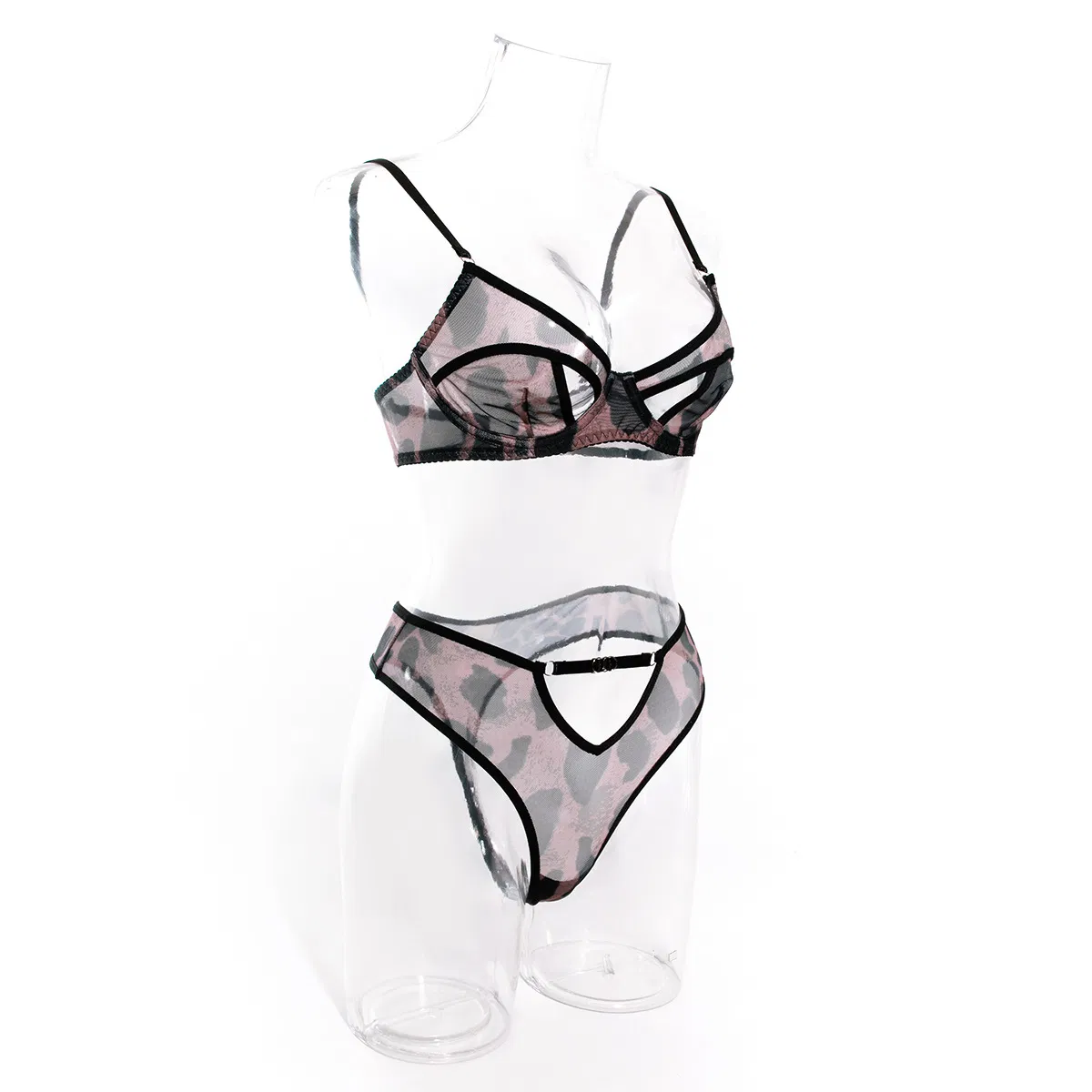 Wholesale Leopard Print Transparent Mesh Bra Set Sexy Thin Breathable Hollow out Woman Lingerie