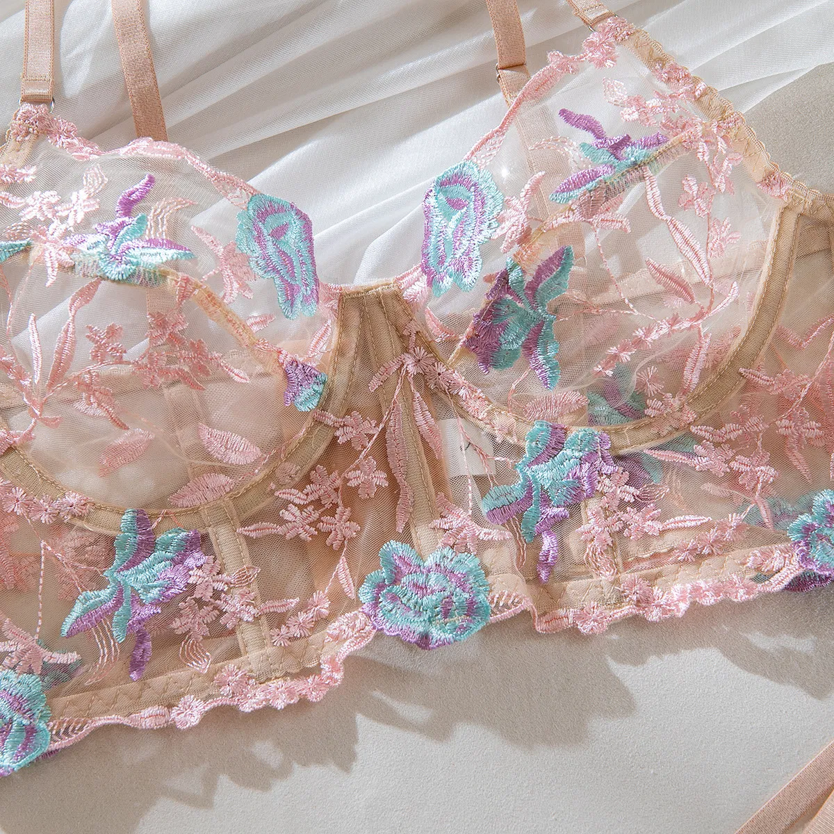 Factory High Quality Fish Bone Women Bra Set Sexy See-Through Floral Embroidery Lingerie